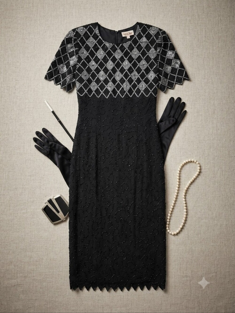 Vintage Laurence Kazar Silk Black Silver Beaded Sequined Full Length Gown Dress